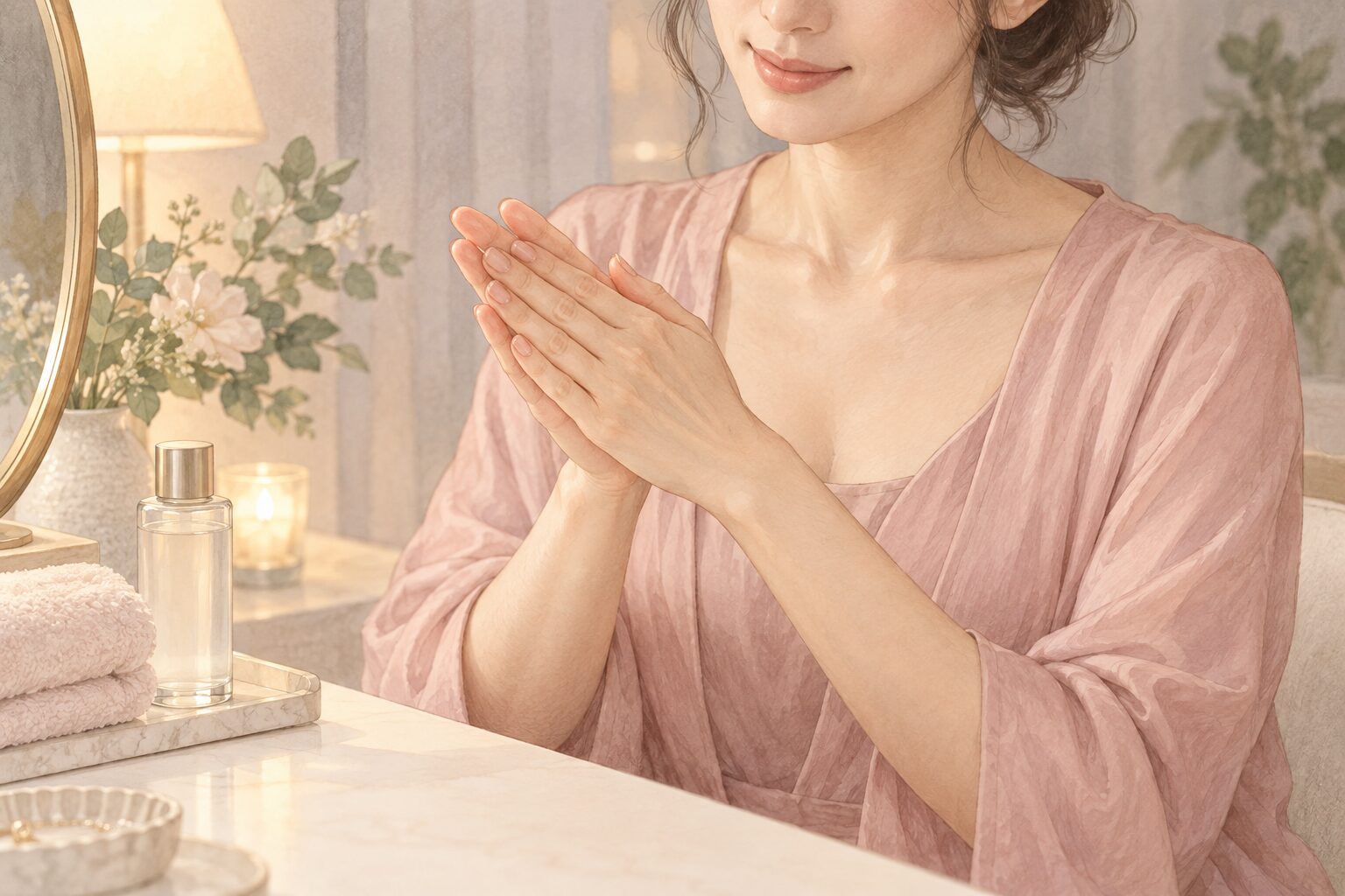 手のひらで保湿剤を温めてから首元をケアする女性のイラスト