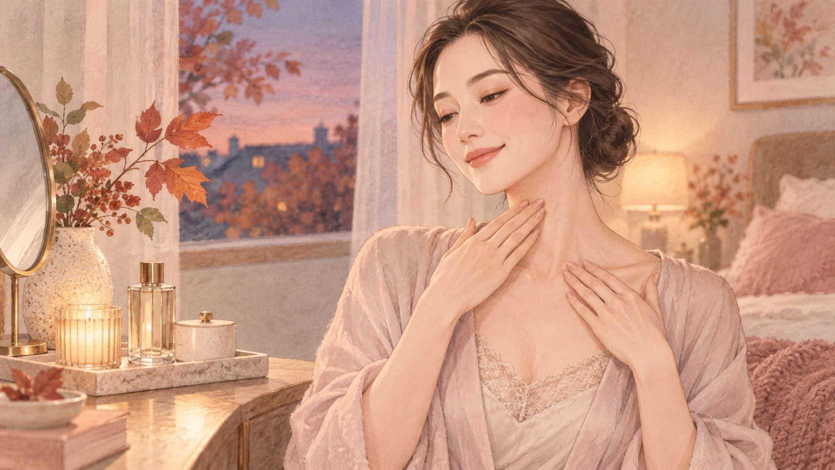 秋の夜、顔だけで終わらせない。首・デコルテまでいたわる3分ケア