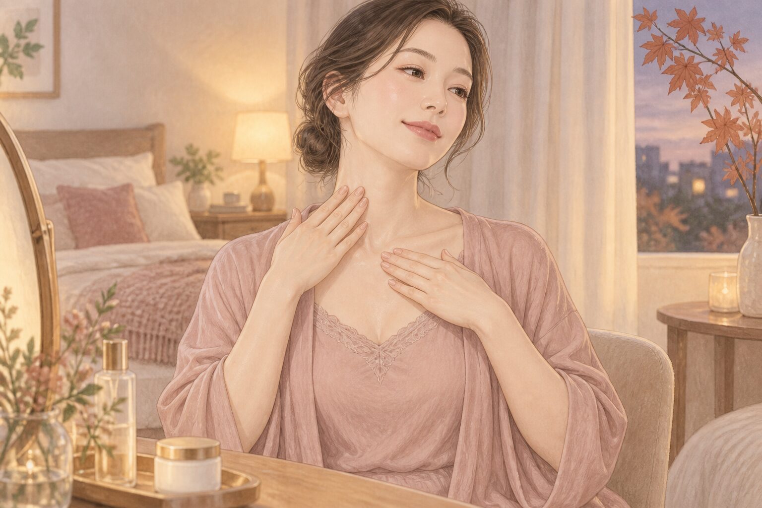 秋の夜、首とデコルテに保湿剤をやさしくなじませる女性のイラスト
